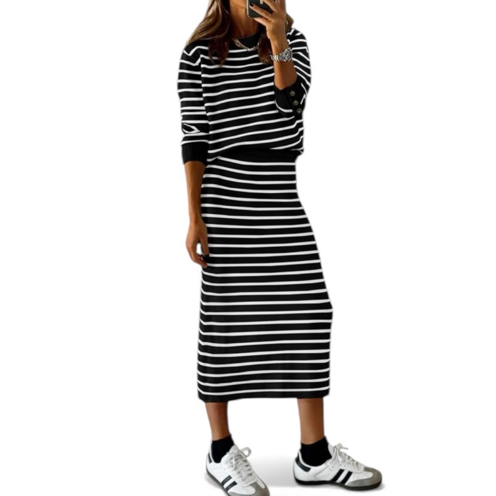 2025 Women's 2-Piece Winter Striped Sweater Dress & Skirts Sets, Fall Fashion XL